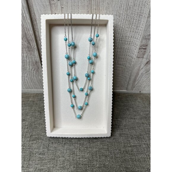 Jewelry - Layered Turquoise Bead Necklace w/ Silver Chain Adjustable Length Women Fashion